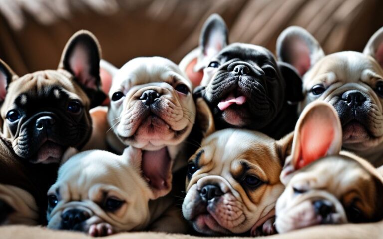 A cuddly pile of French Bulldog puppies, squished together with their little tongues sticking out in contentment.