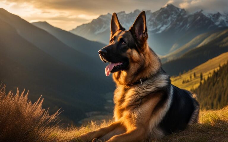 A regal German Shepherd stands proudly with its head held high, gazing off into the distance with an alert expression. Its thick fur coat shimmers in the sunlight, and its muscular build exudes strength and loyalty. In the background, a mountainous landscape is visible, emphasizing the breed's love for adventure and exploration.