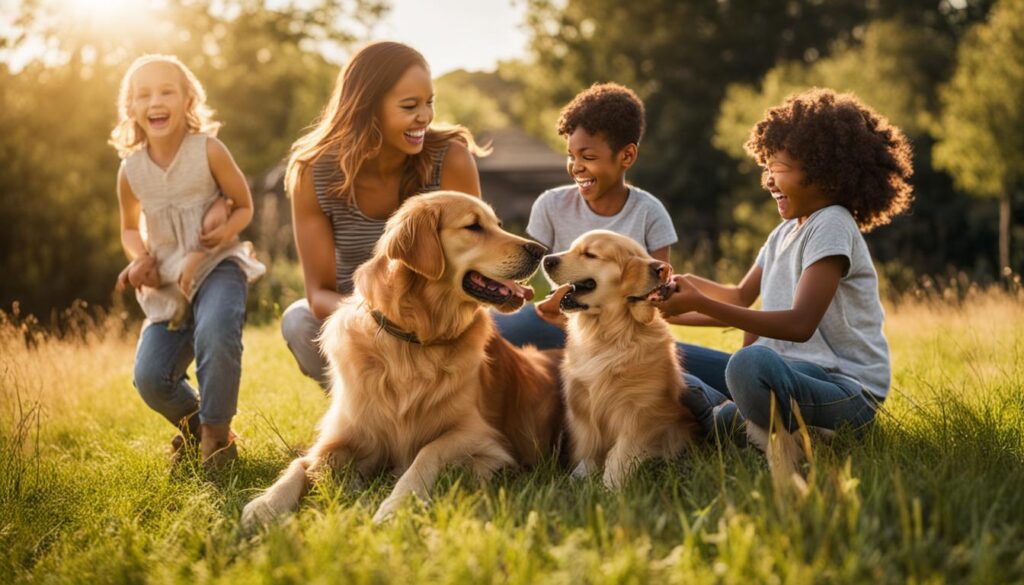 A golden retriever sitting happily in a grassy field, surrounded by a family with children playing and laughing with the dog. The sunlight shines down on them, casting a warm and inviting glow. The retriever's fur is glowing in the light, and its tongue is hanging out in a playful grin. One child is throwing a ball for the dog to fetch, while another is snuggling up to the retriever's side. The whole scene radiates happiness and love.