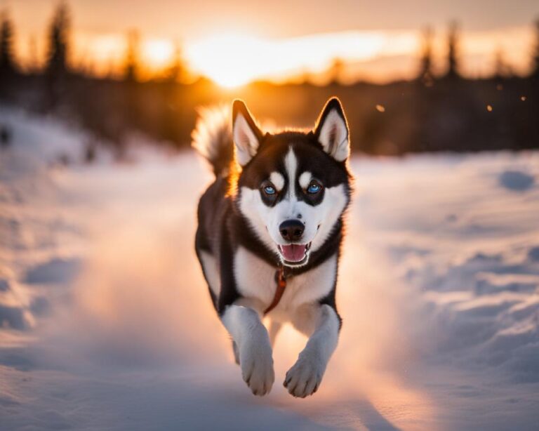 A wild Siberian husky running freely through a snowy landscape, tongue out and ears perked up in excitement. The sun sets behind it, casting a warm orange glow over the scene.