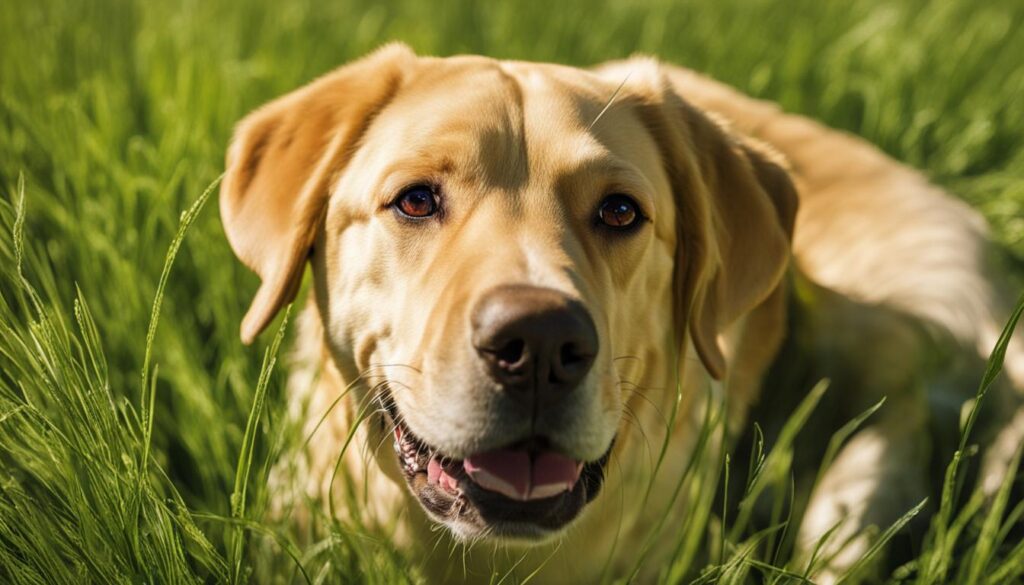 A close-up of a happy, smiling Labrador Retriever with its tongue out, standing in a green grassy field on a sunny day. The dog's coat is a shiny golden-brown color with sleek fur and its eyes are bright and alert. The dog's tail is wagging energetically and it looks like it's ready to play or run around. In the background, there are some trees and a blue sky with fluffy white clouds.