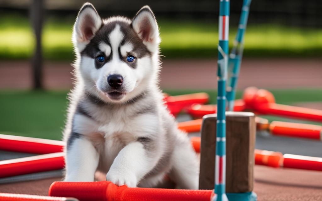 A playful Siberian Husky puppy learning to sit and stay on command, with a proud owner looking on in the background. The puppy is surrounded by training equipment such as cones and hurdles, indicating that it is going through a comprehensive training program. The puppy's tongue is out, and its eyes are looking up at the owner with a look of excitement and anticipation. The background shows a scenic park with green trees and blue skies, indicating that the training is taking place in an outdoor setting.