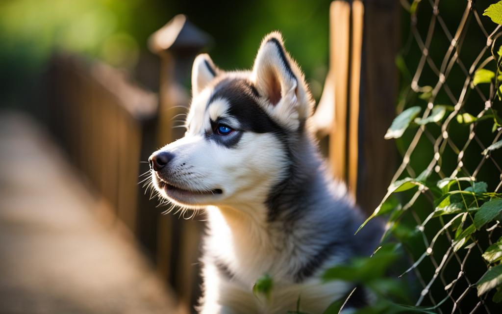 A fluffy Siberian Husky puppy sits in front of a tall wooden fence, looking up with curiosity and excitement. The fence has intricate lattice work, allowing glimpses of the greenery beyond. The puppy's ears are perked up and its tongue is out, as if ready to explore the world beyond the fence. The background is filled with lush vegetation and dappled sunlight.